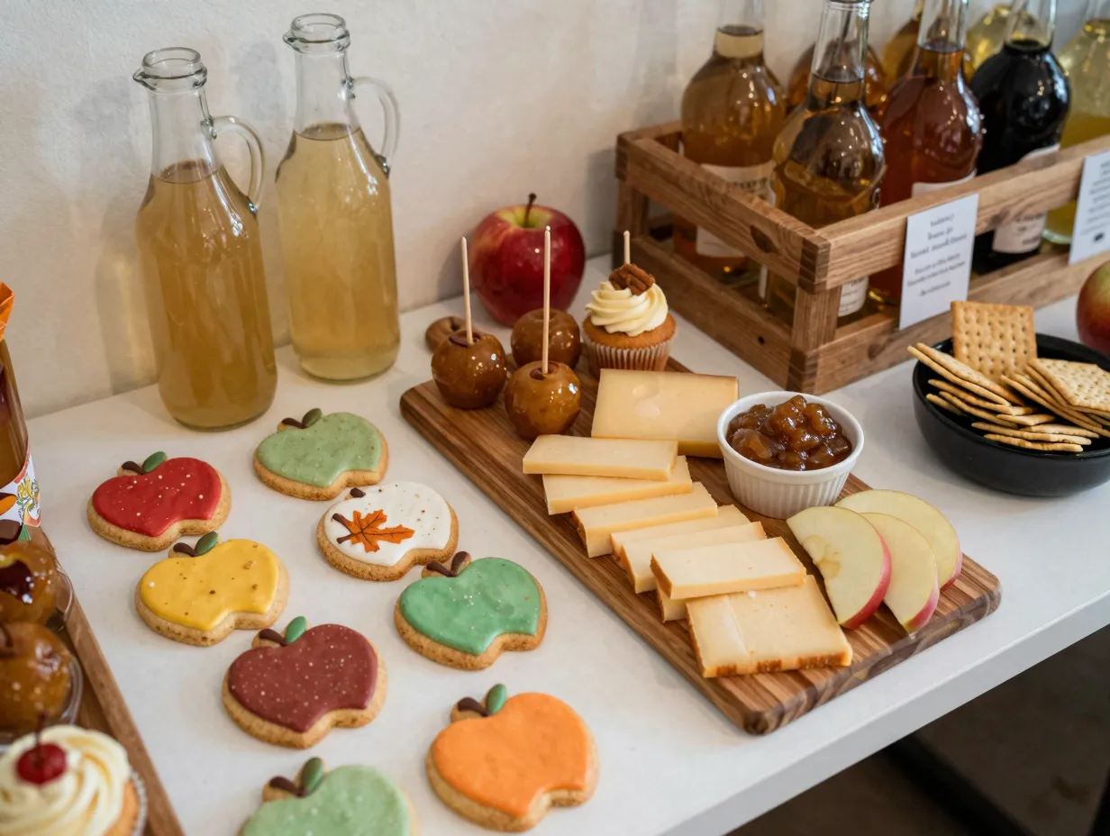 Apple themed treat pairing table with cookies and cheese board