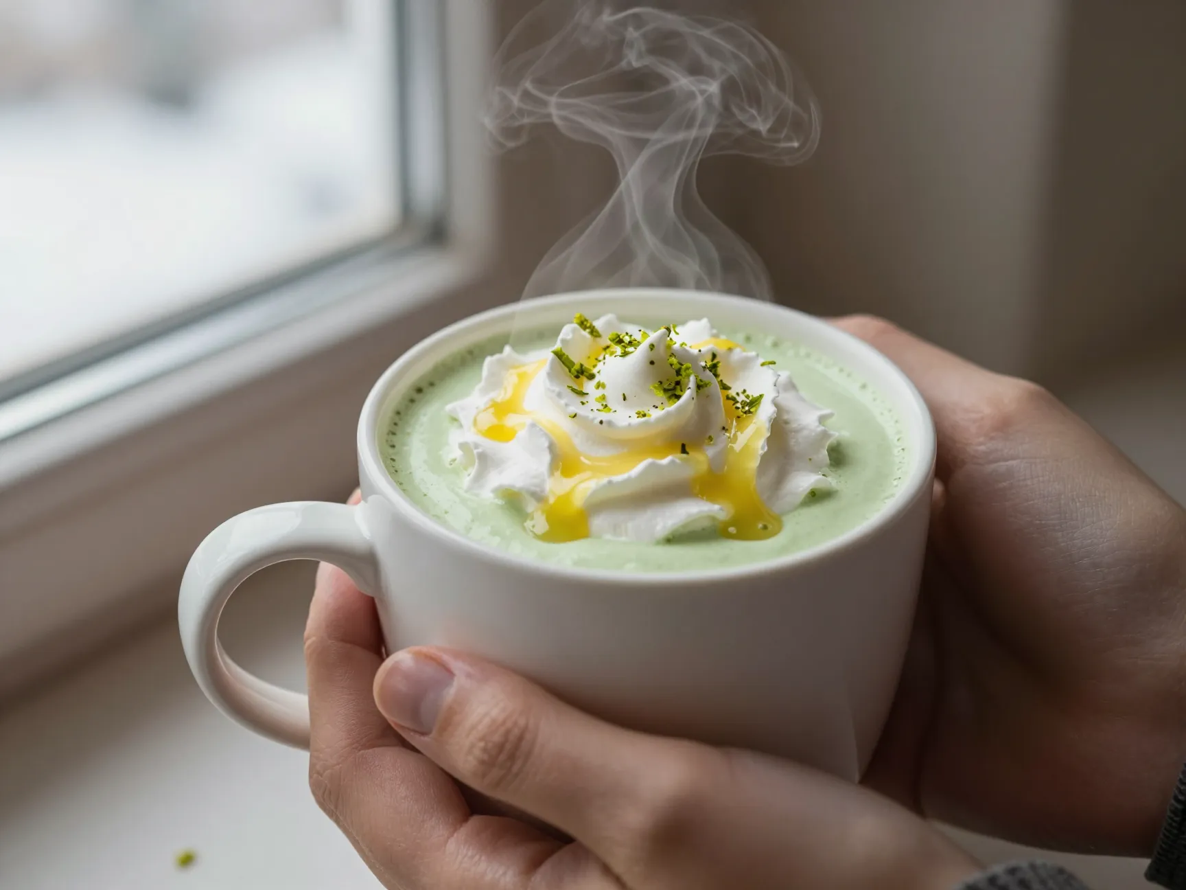 Steaming green hot cocoa grinch punch in a ceramic mug