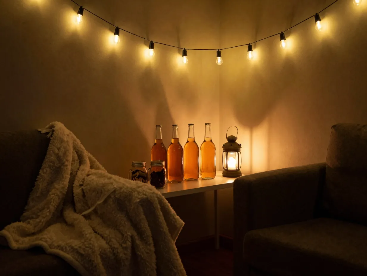 Cozy corner cider setup with string lights and a plush throw blanket