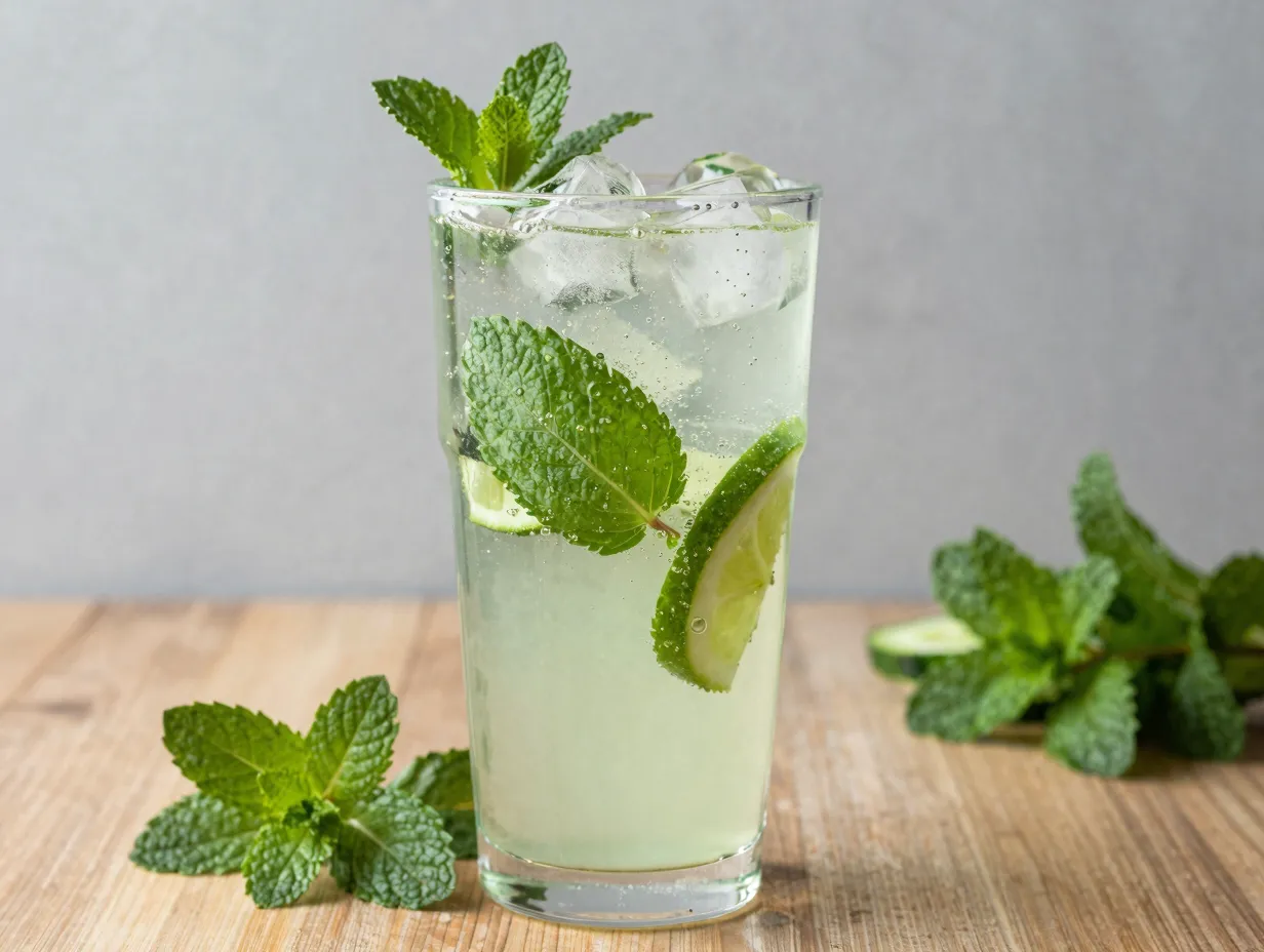 Refreshing cucumber mint kombucha grinch mocktail in tall glass
