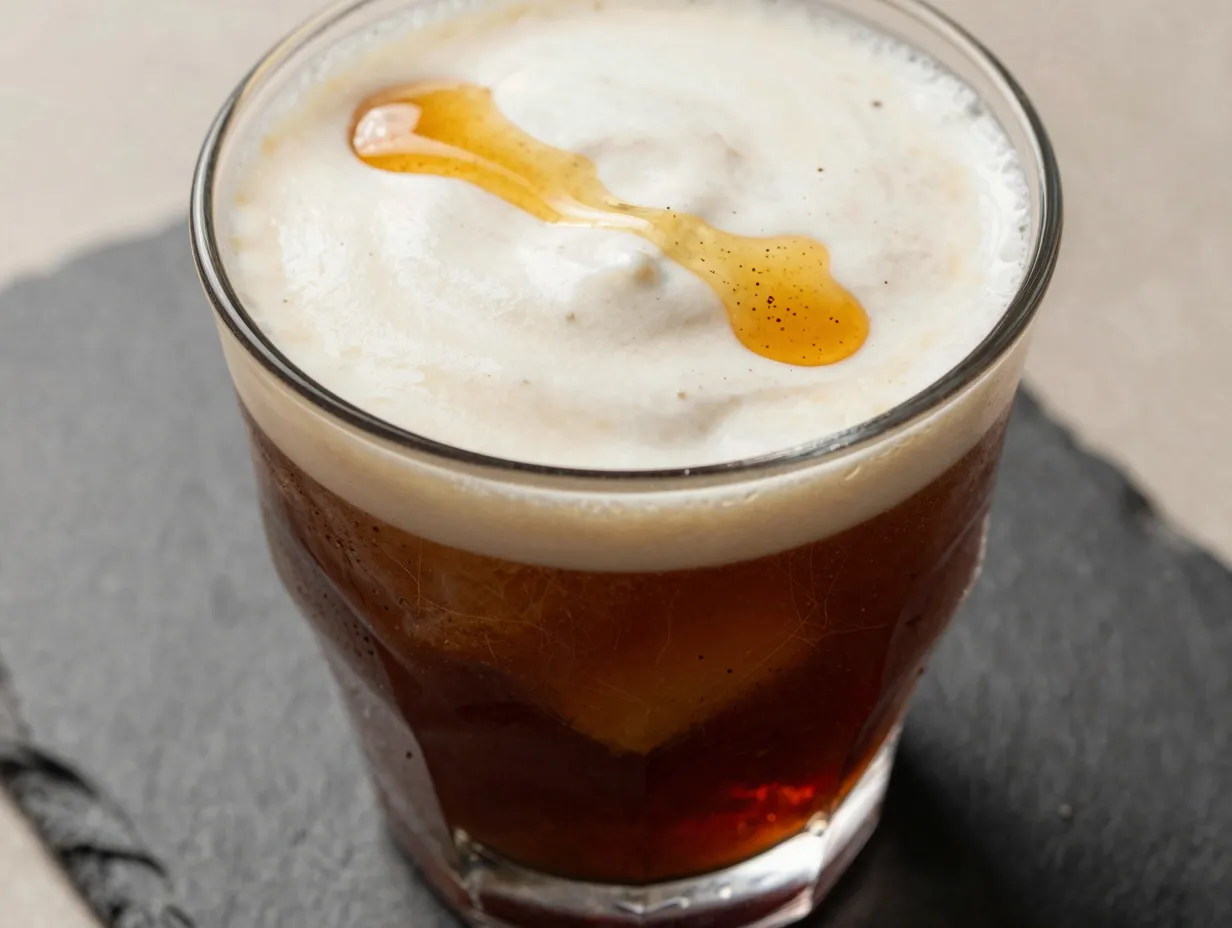 Vanilla bean honey root beer dirty soda speckled cream top