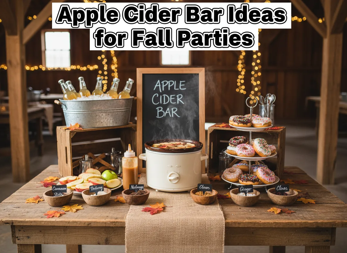 Rustic autumn apple cider bar party station with toppings
