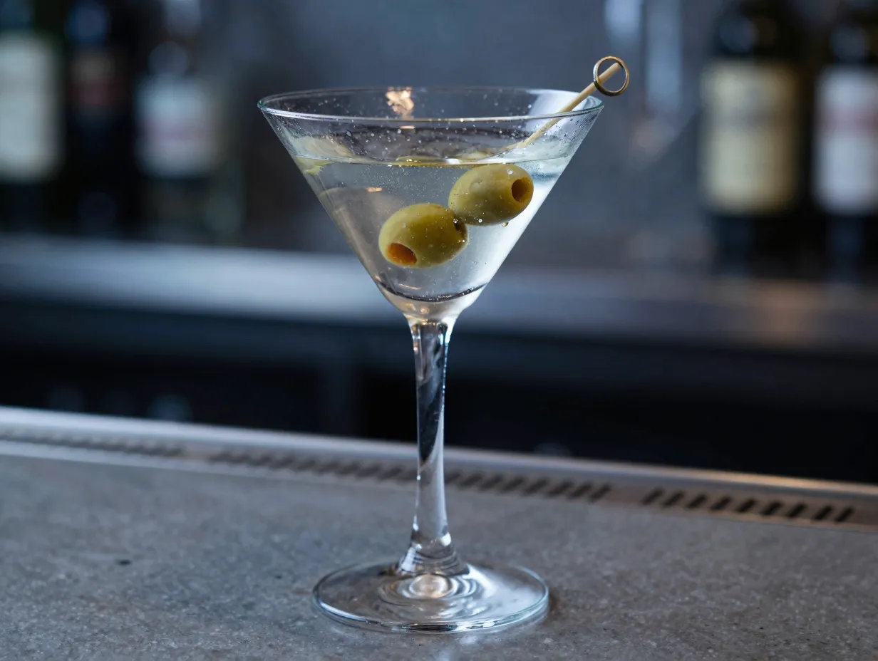 Dirty martini with olives in chilled martini glass