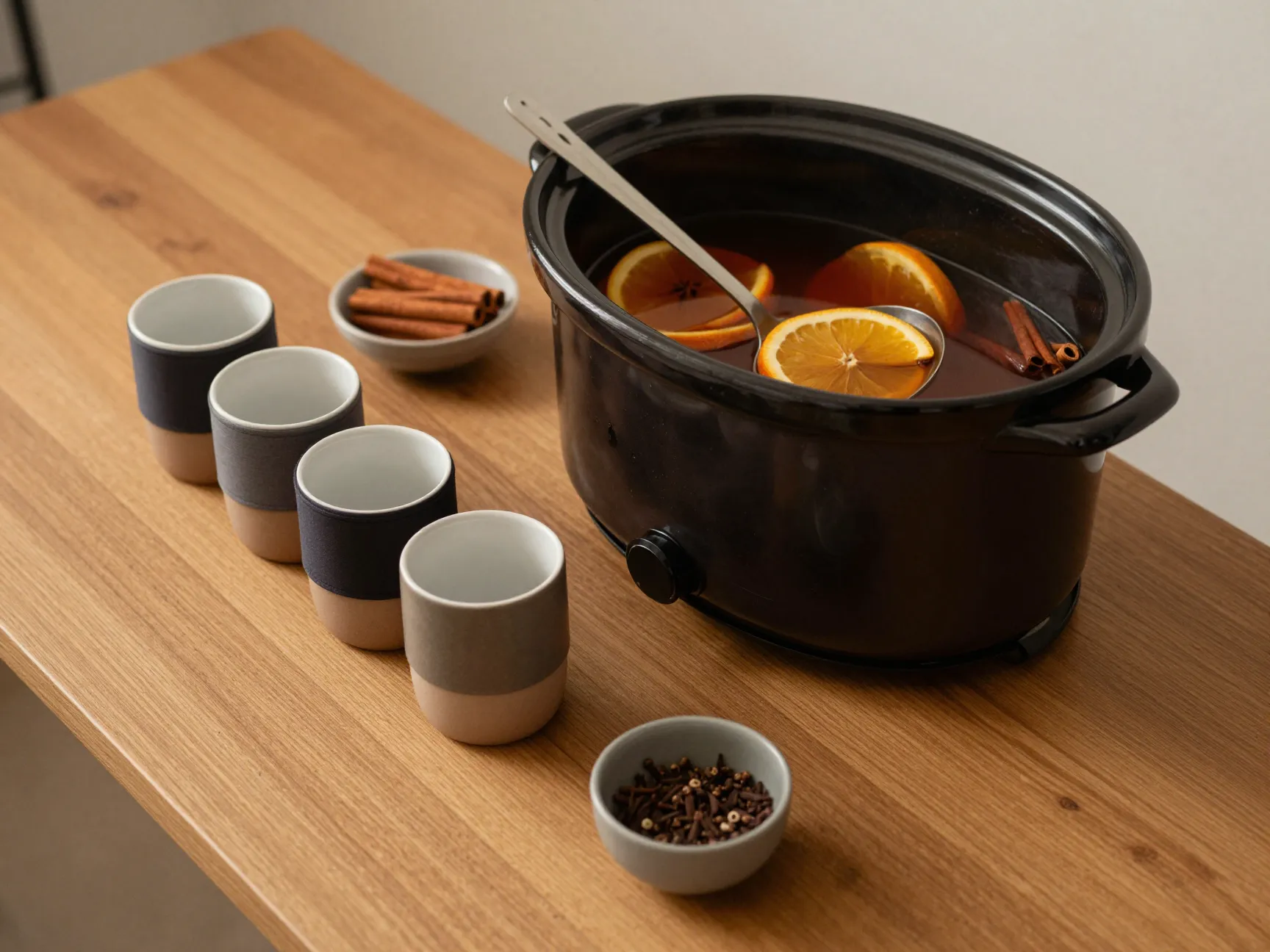 Slow cooker warm hot cider bar station layout with ladle