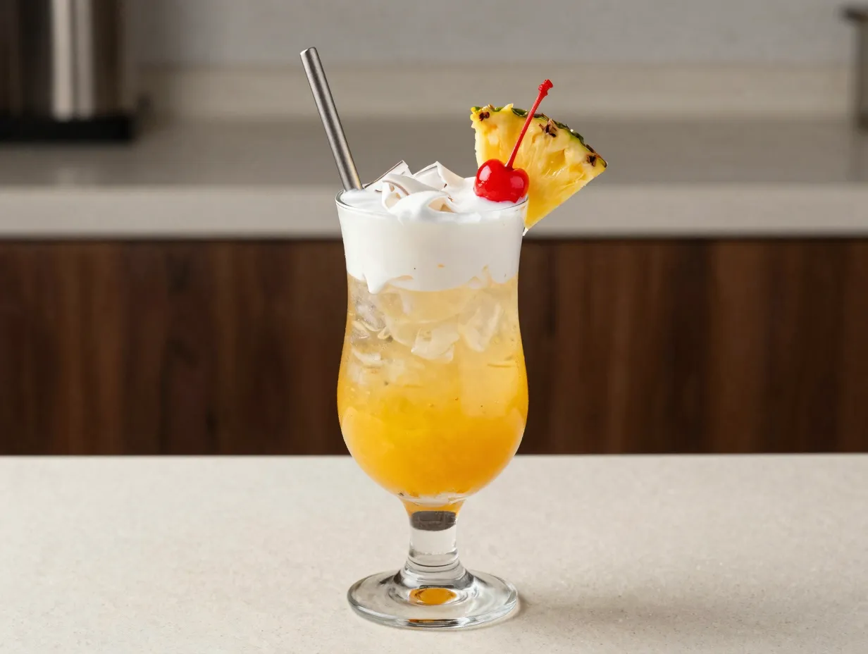 Tropical sunrise sprite layered soda mango pineapple coconut cream cherry