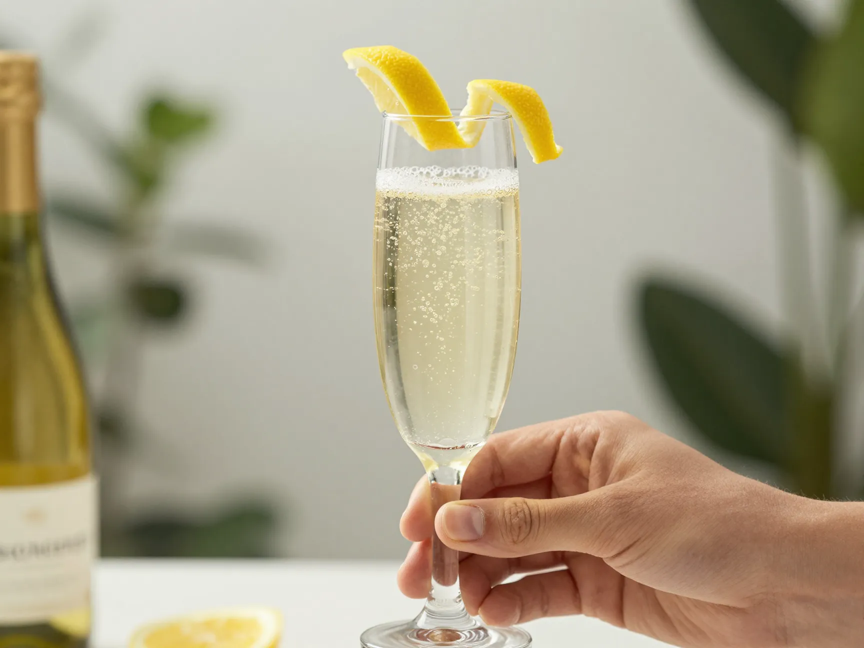 French75 champagne flute with lemon twist garnish