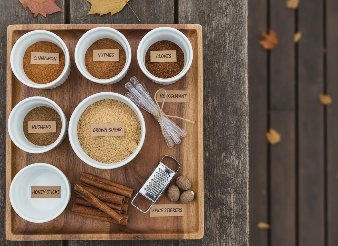 Bowls of ground cinnamon nutmeg honey sticks sweetener tray