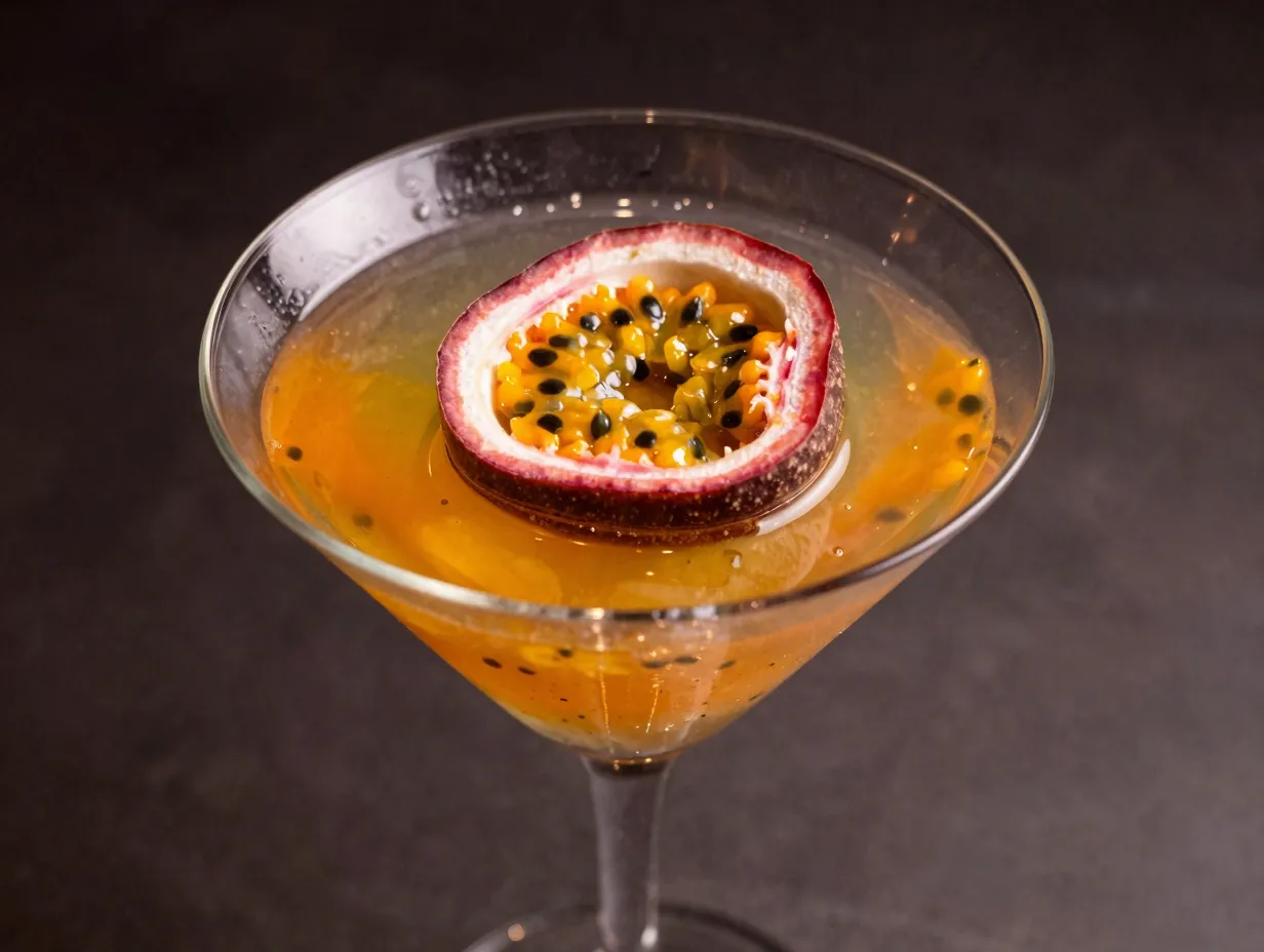 Passion fruit martini with prosecco float garnish