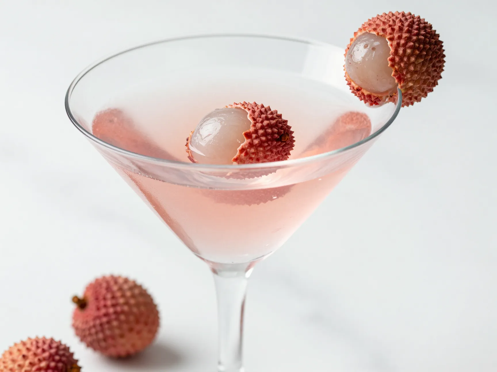 Classic lychee martini with lychee fruit garnish