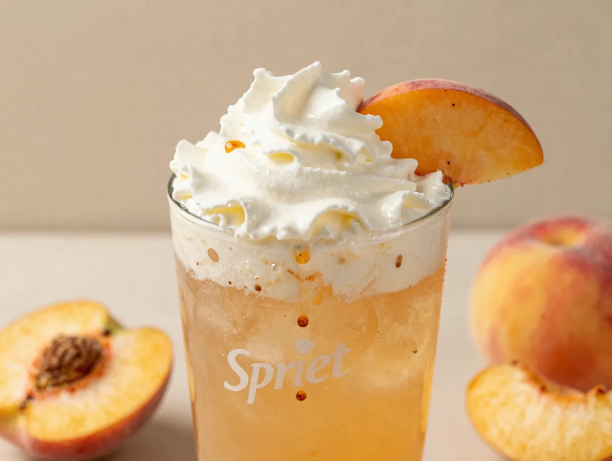 Peachy keen sprite peach syrup almond extract whipped cream peach slice