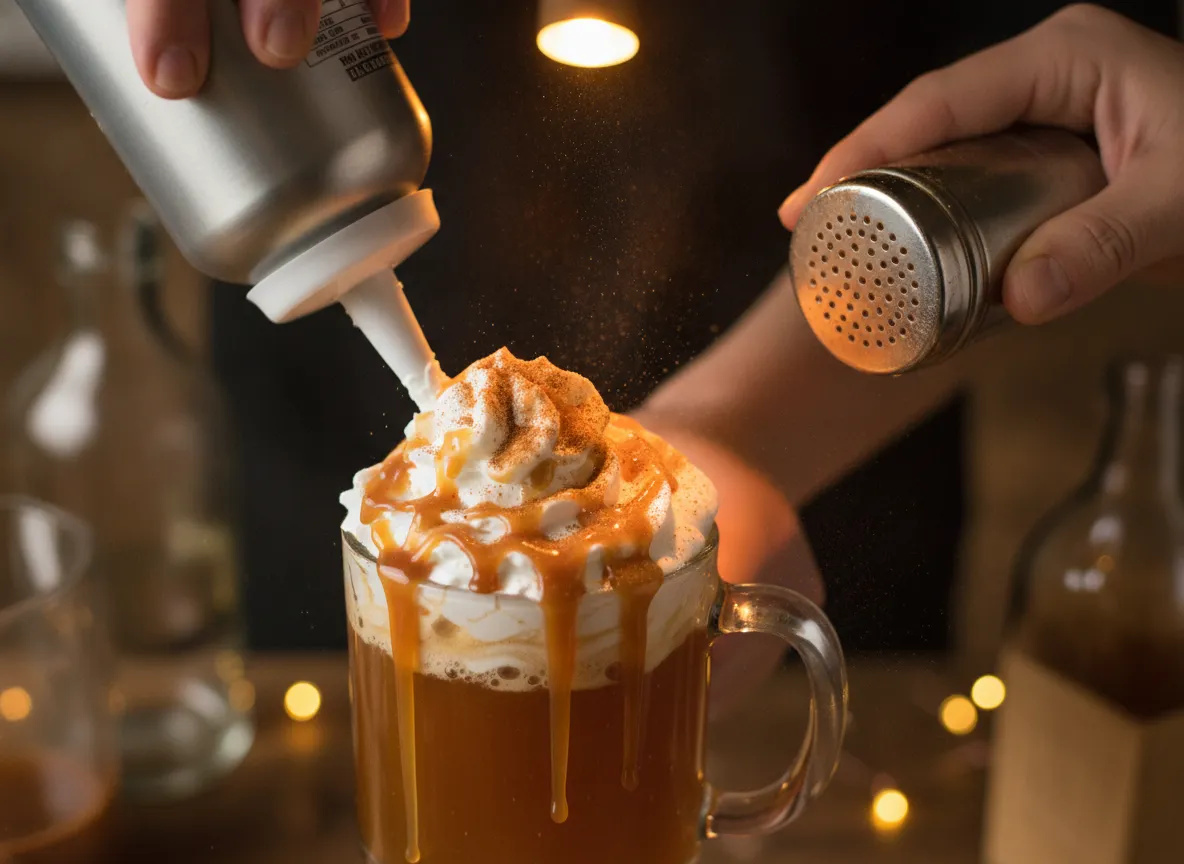 Whipped cream can caramel sauce drizzle over warm cider mug