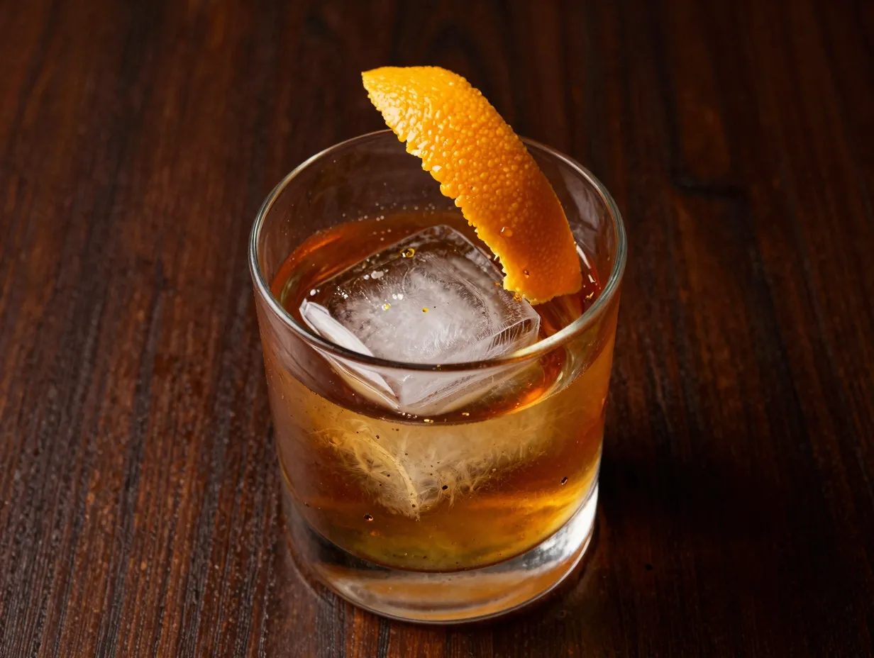 Elderflower old fashioned with orange peel and ice