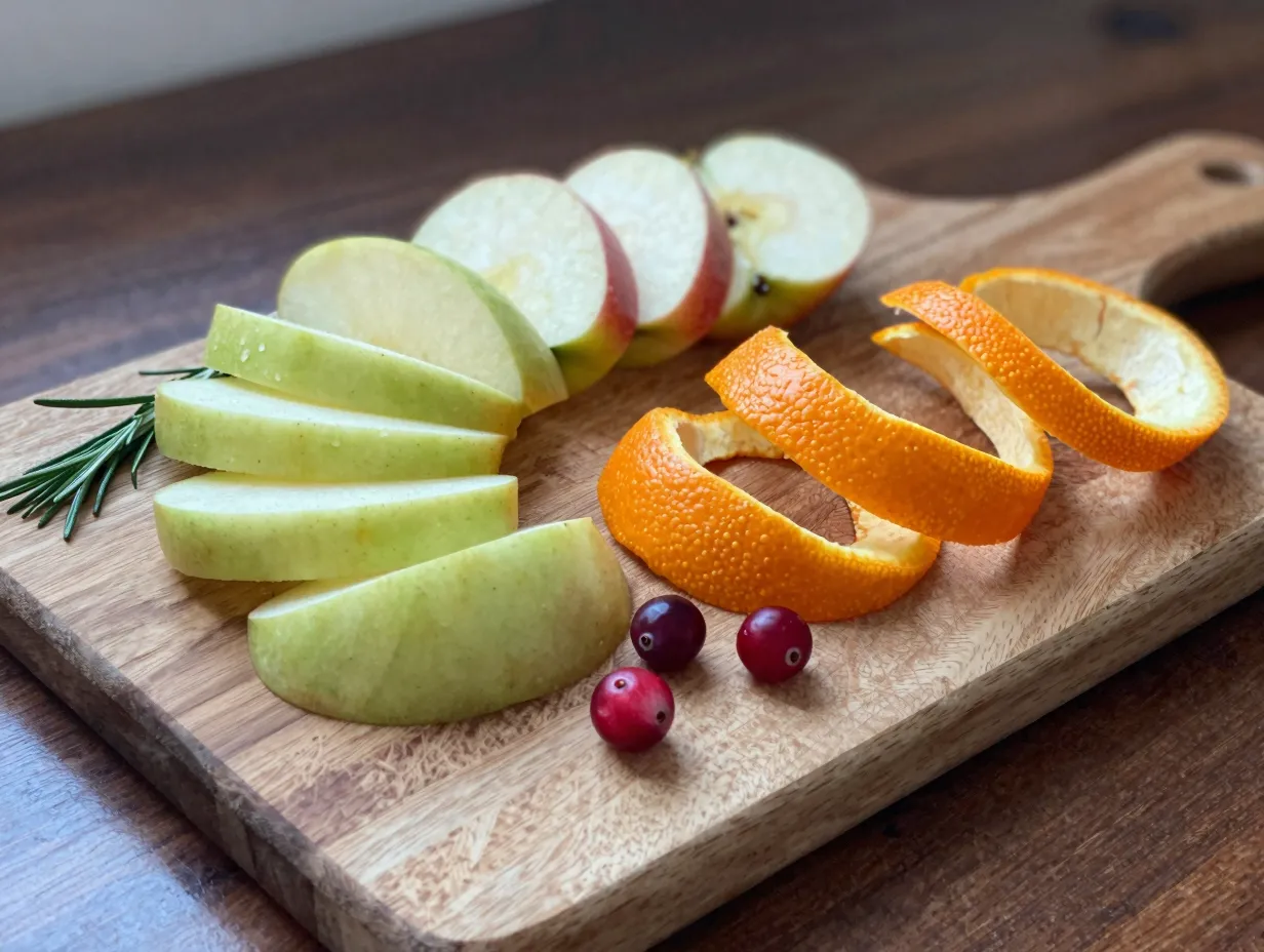 Fresh apple slices orange peel garnishes cutting board setup
