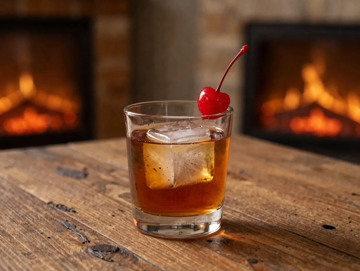 Marzipan old fashioned with cherry on ice