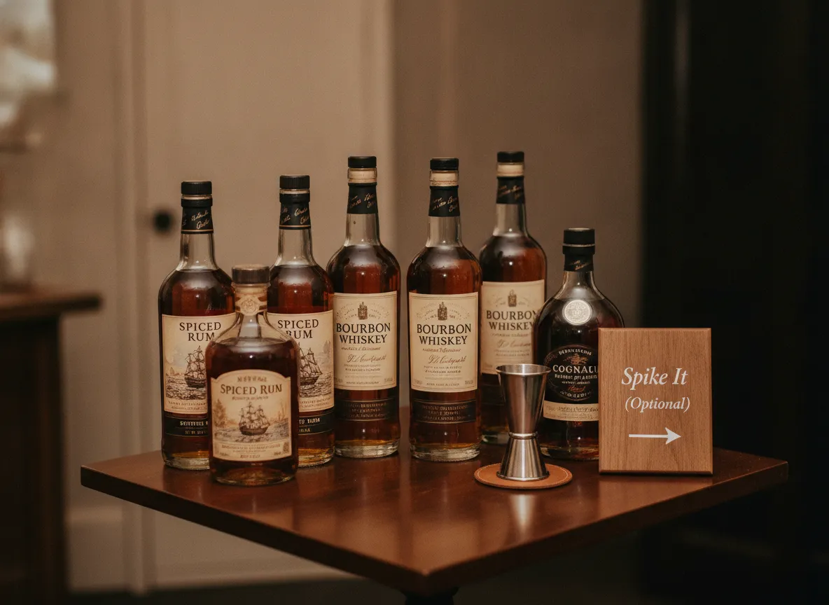 Bottles of spiced rum whiskey optional spike it adult station