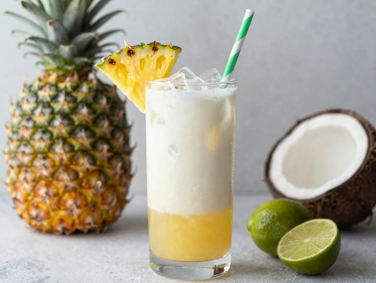 Pineapple coconut cooler sprite pineapple coconut cream lime juice garnish