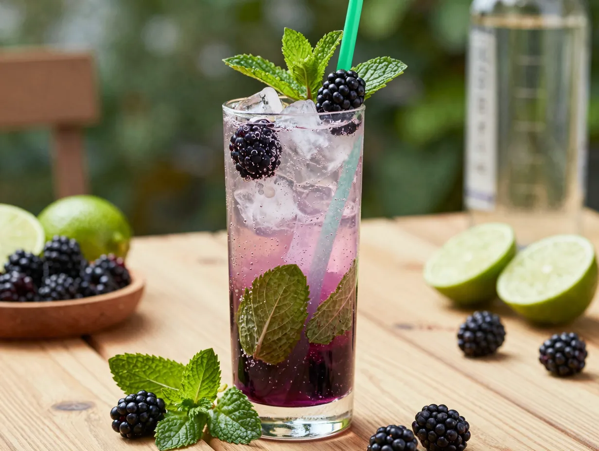 Blackberry prosecco mojito with mint and berries