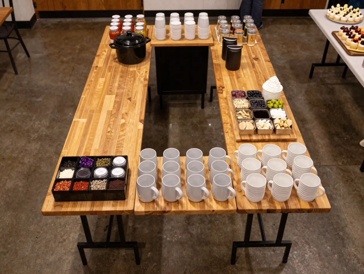Organized table layout with zones for cider cups toppings flow