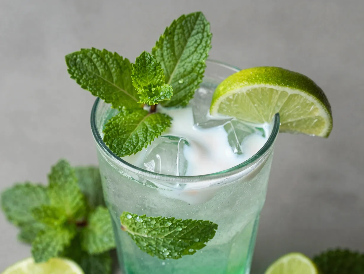 Mint mojito mocktail sprite mint syrup coconut cream fresh lime mint leaves