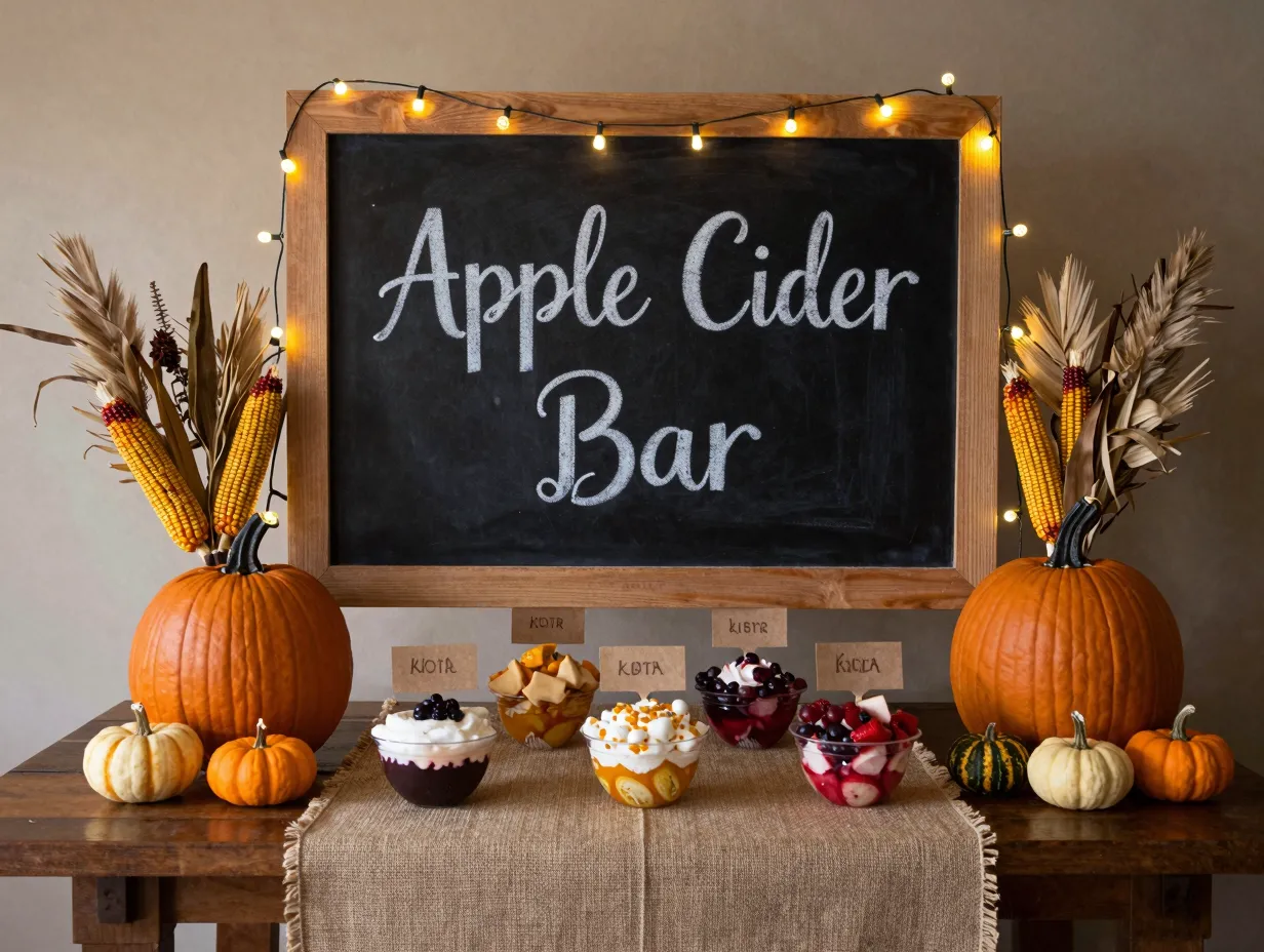 Rustic decor chalkboard sign burlap runner pumpkin corn styling