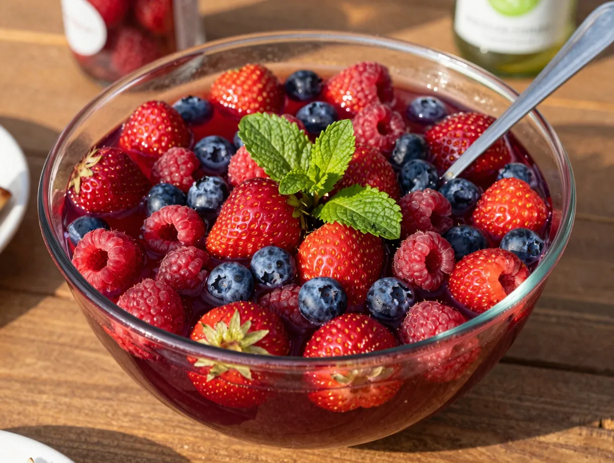 Berries and mint in a glass punch bowl