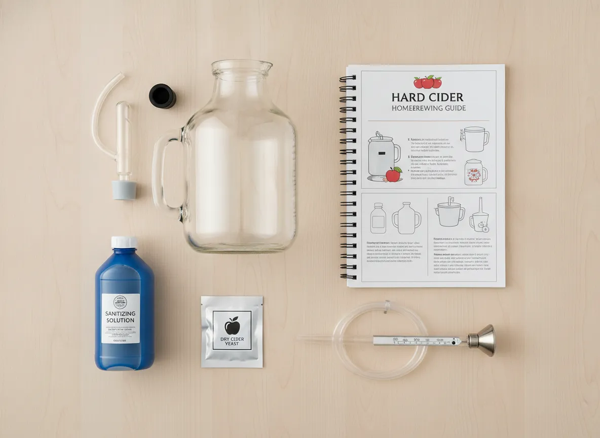 Diy hard cider brewing kit components laid out neatly