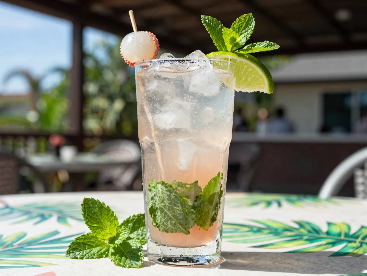 Lychee lime mojito spritz with mint and sugar
