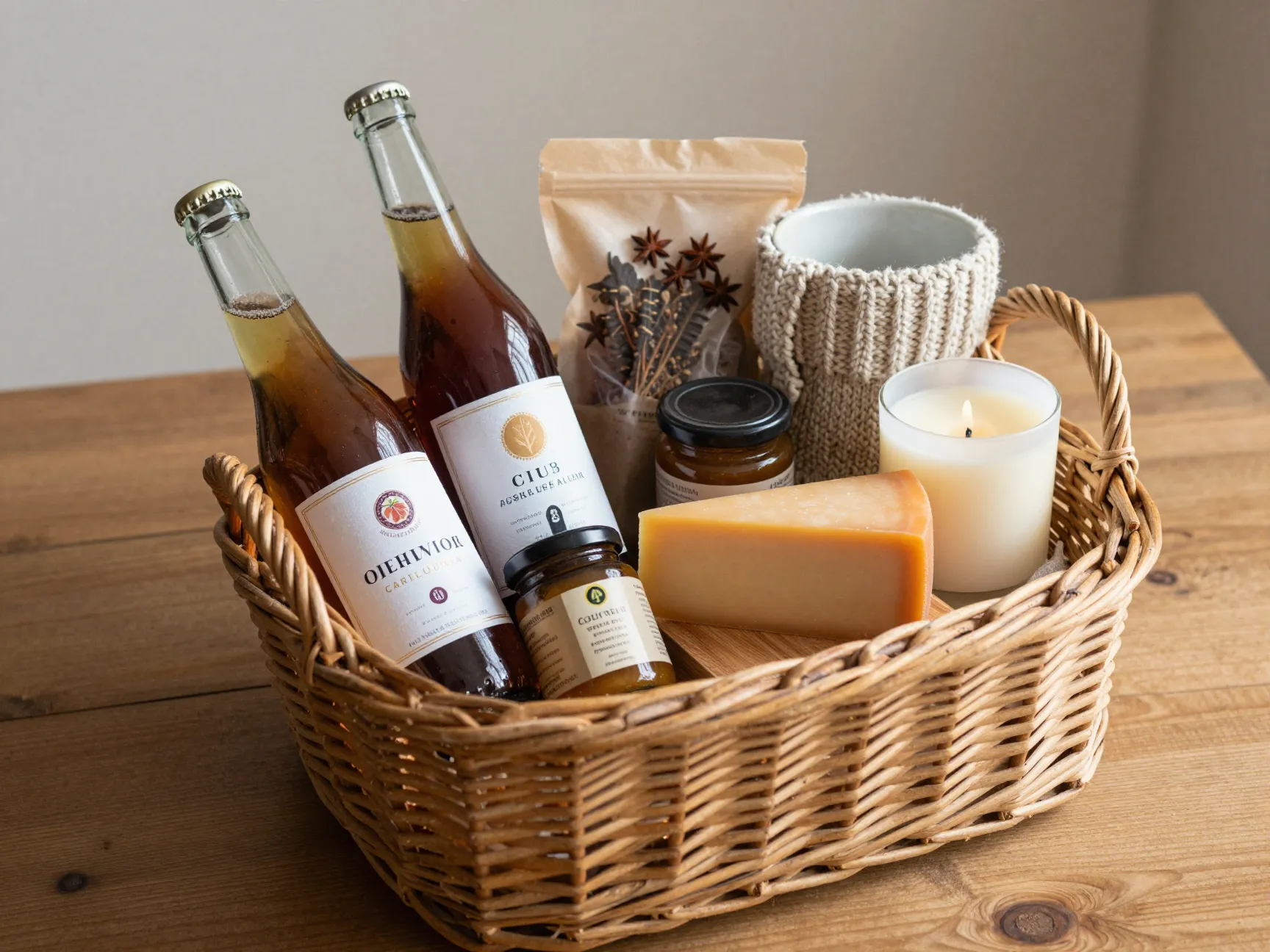 Apple cider gift hamper basket with assorted fall items