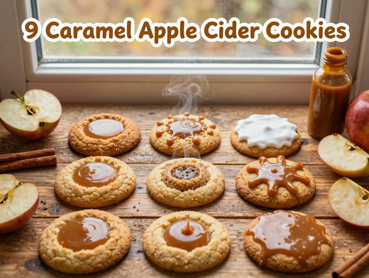 Nine autumn caramel apple cider cookie variations grid overhead