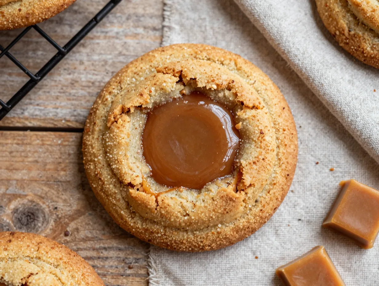 Classic caramel stuffed apple cider cookies cinnamon sugar exterior soft interior molten center