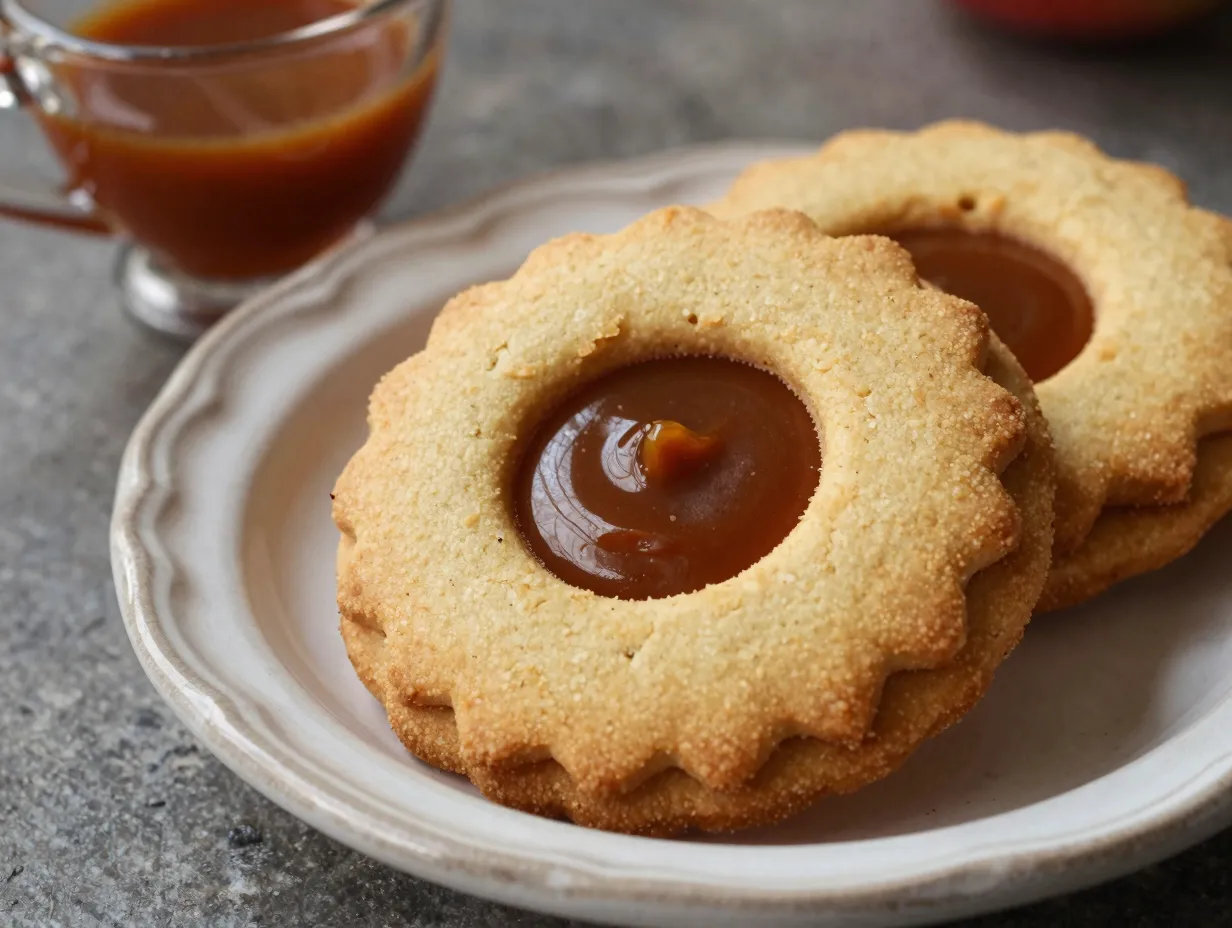 Reduced apple cider thumbprint cookie elegant golden brown caramel filled well