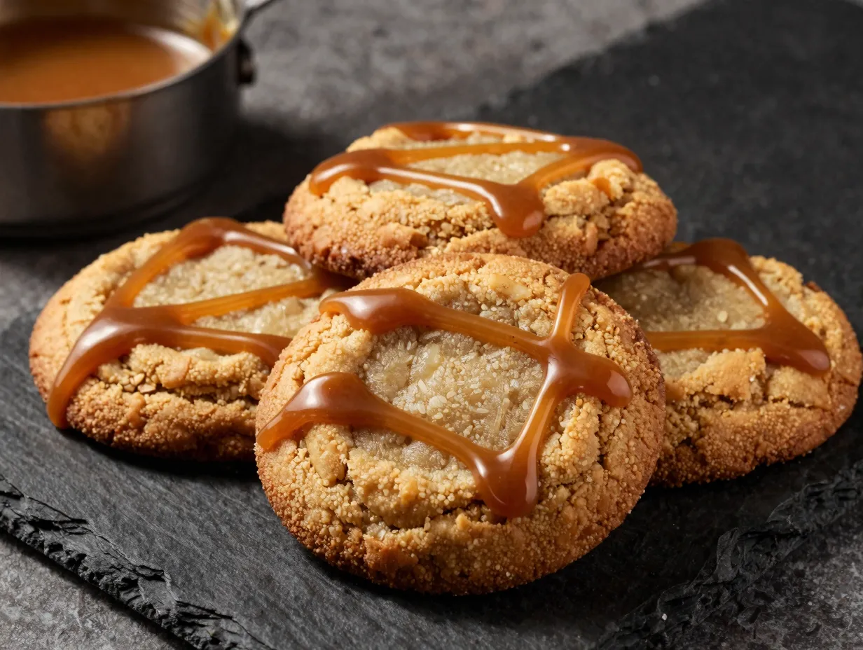 Brown butter apple cider cookies with generous glossy caramel drizzle