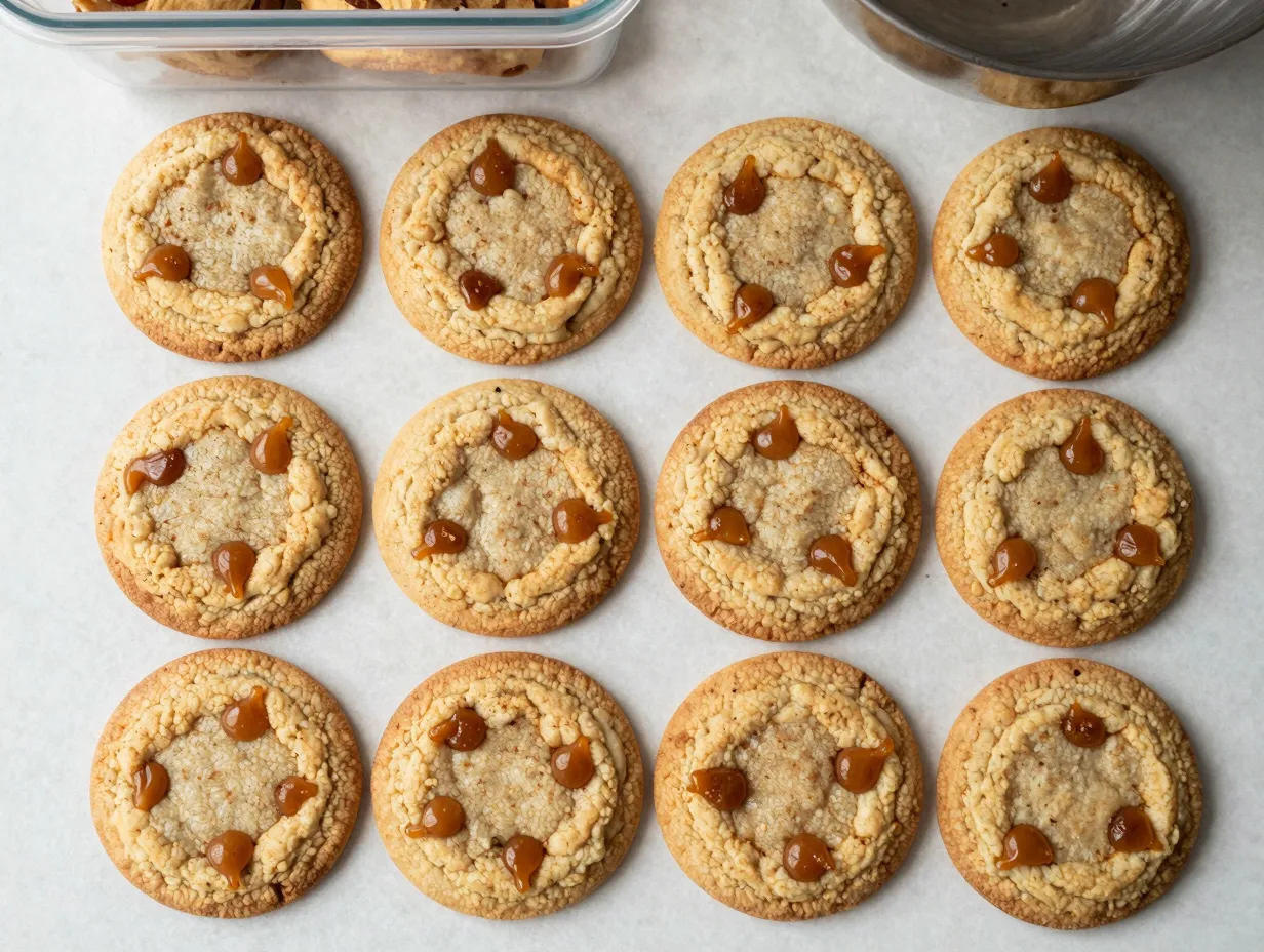 Soft batch apple cider cookies with caramel bits throughout uniform texture