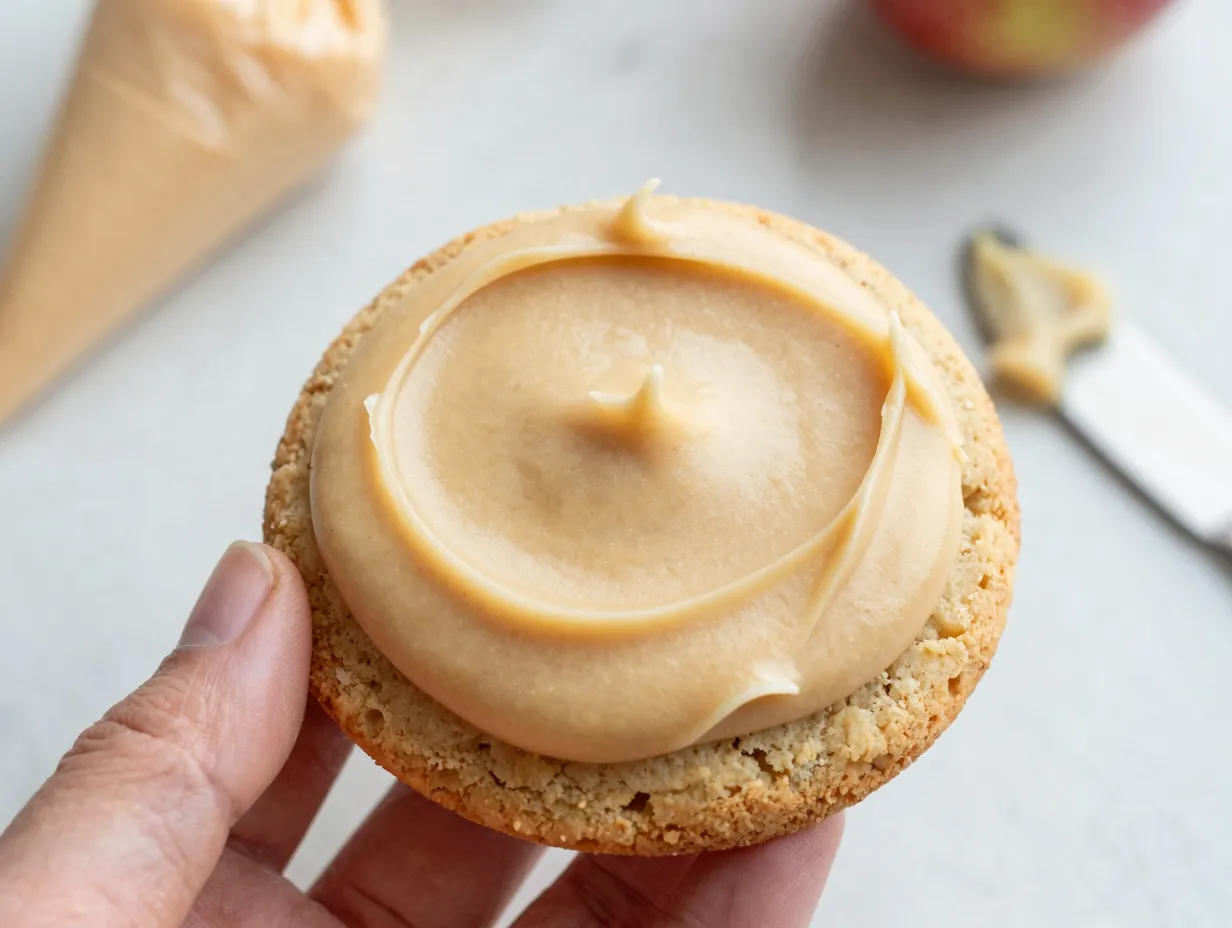 Apple cider cookie with thick spreadable caramel buttercream frosting on top