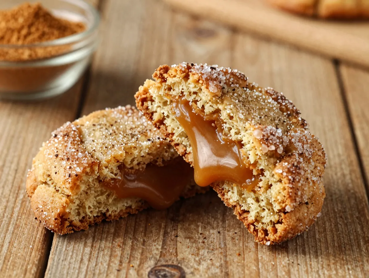 Spiced cider snickerdoodle cookie crisp sugar edges gooey caramel center