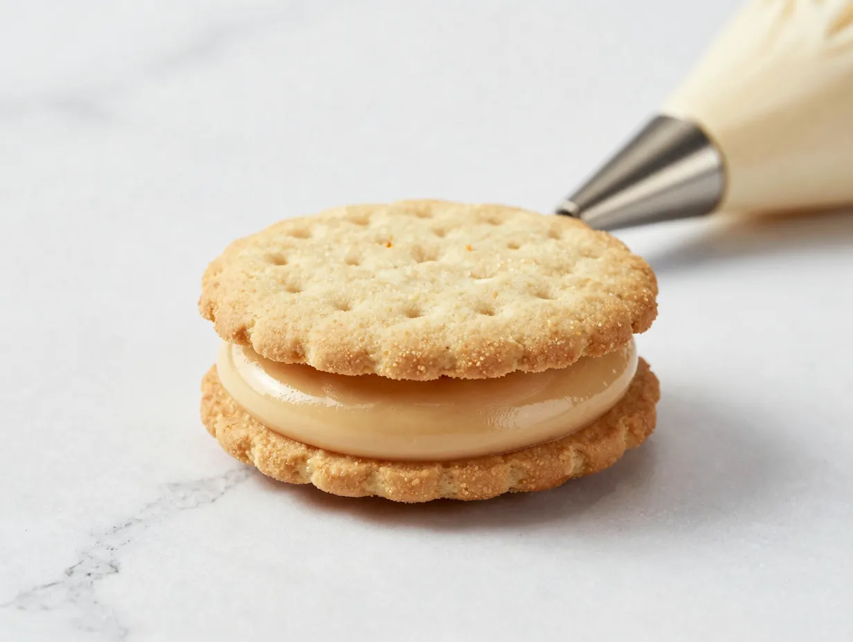 Thin crisp apple cider sandwich cookies with smooth caramel cream filling