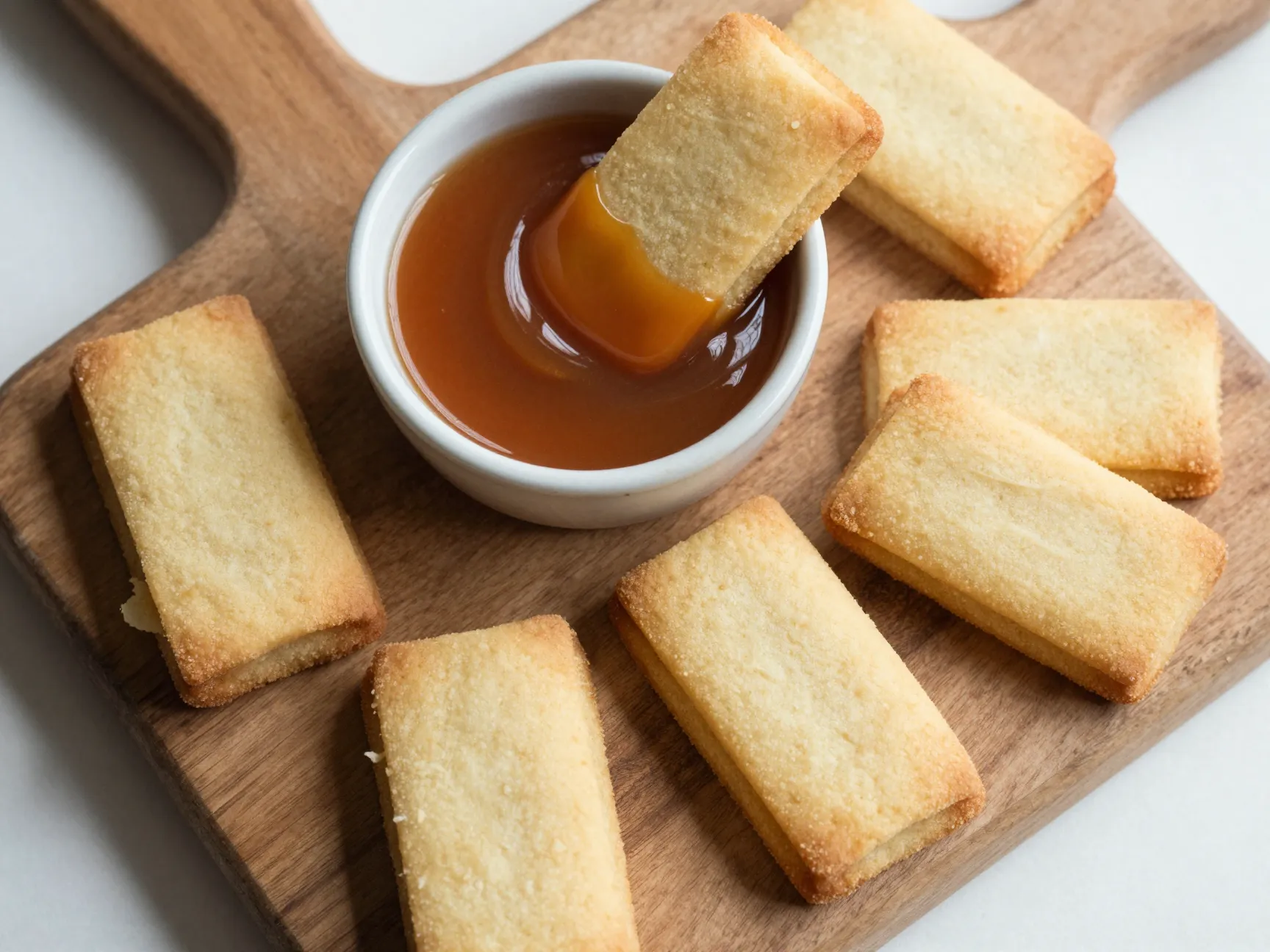 Buttery apple cider shortbread cookies served with warm caramel dipping sauce