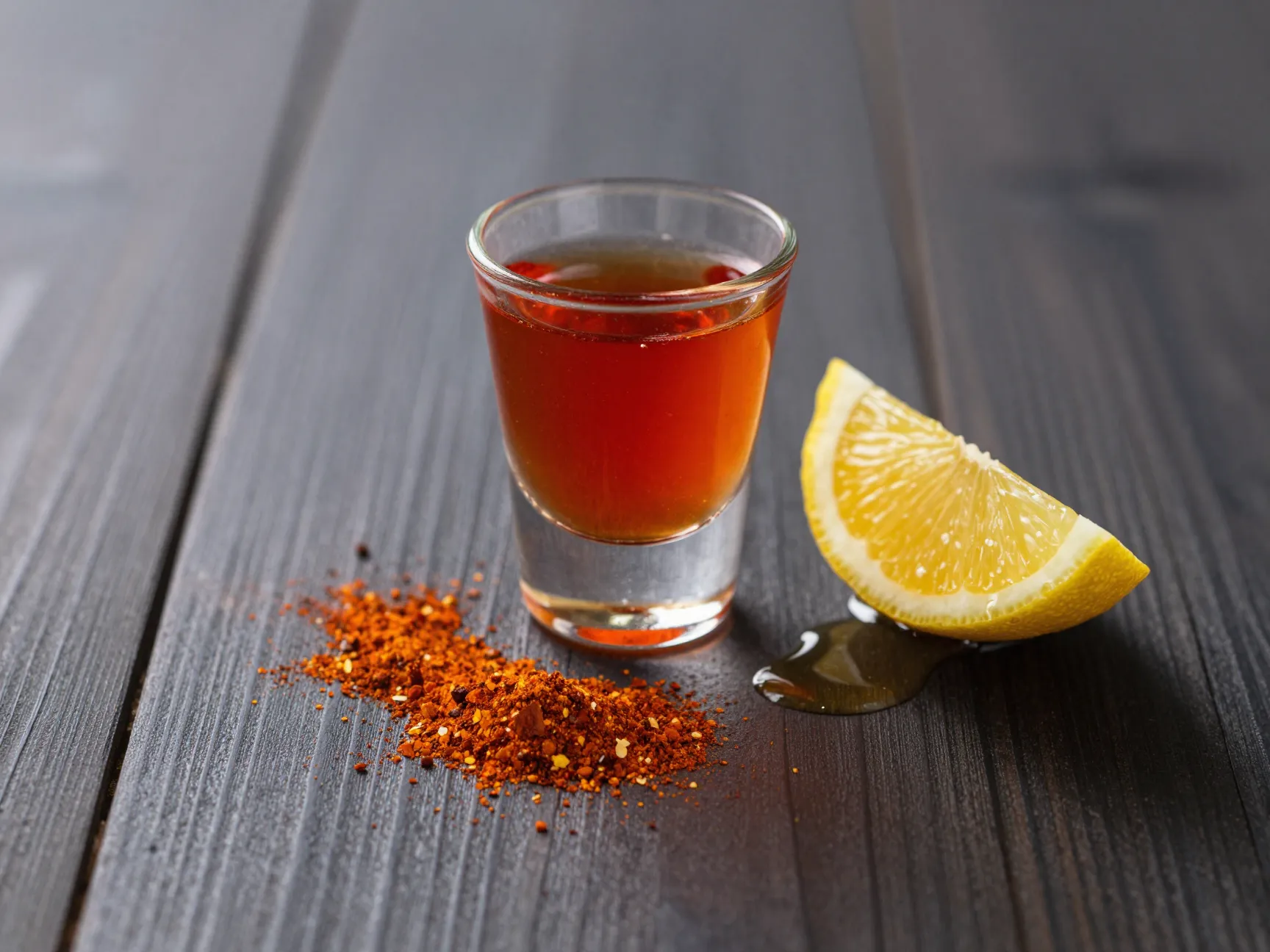 Cayenne pepper thermogenic acv shot on wood table