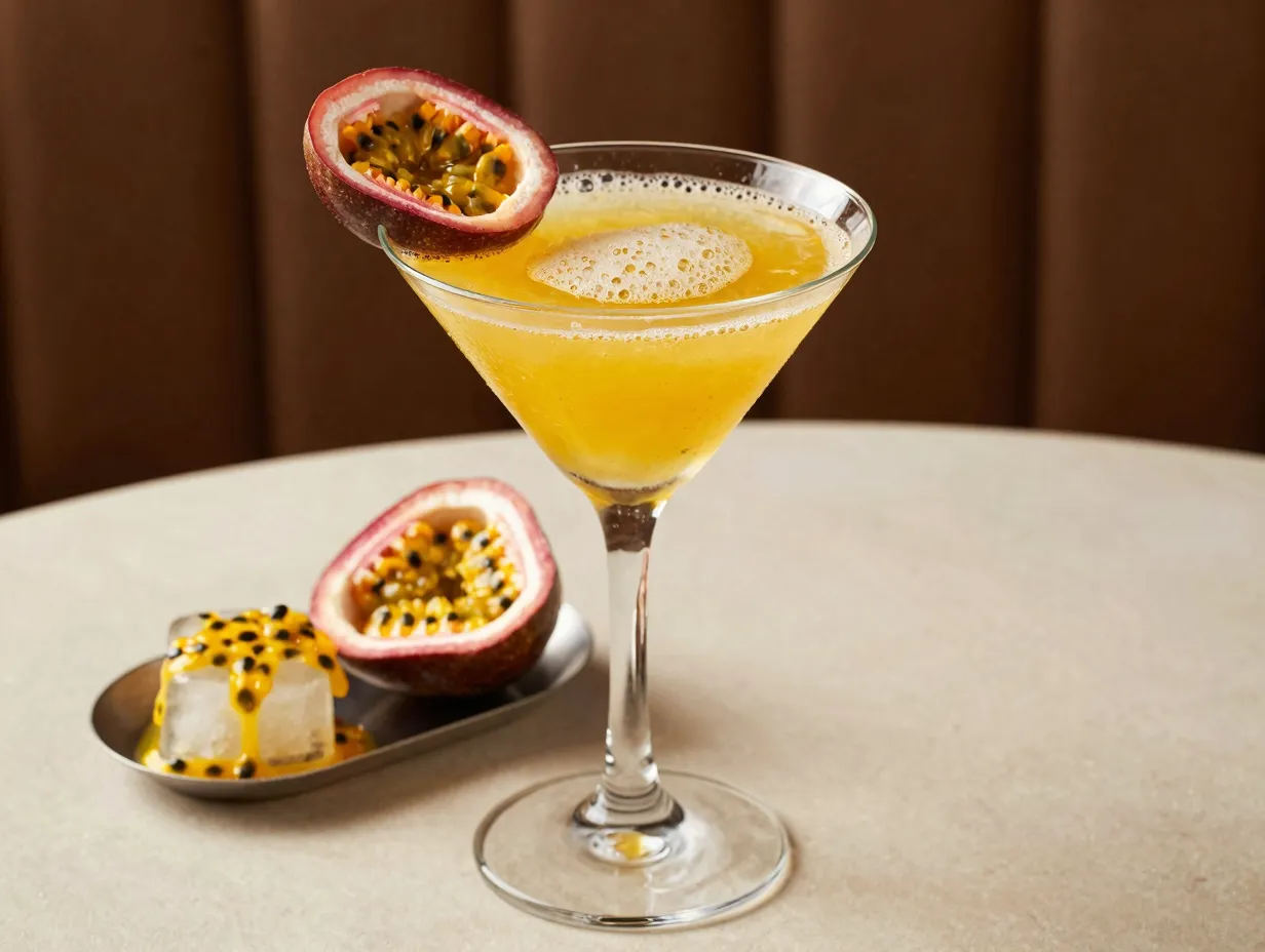 Passion fruit martini tropical vibrant prosecco garnish