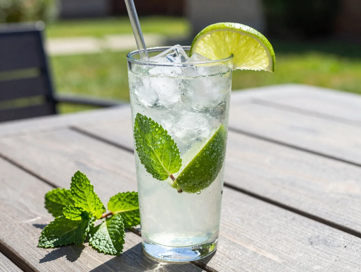 Sparkling acv refresher with mint and lime on ice