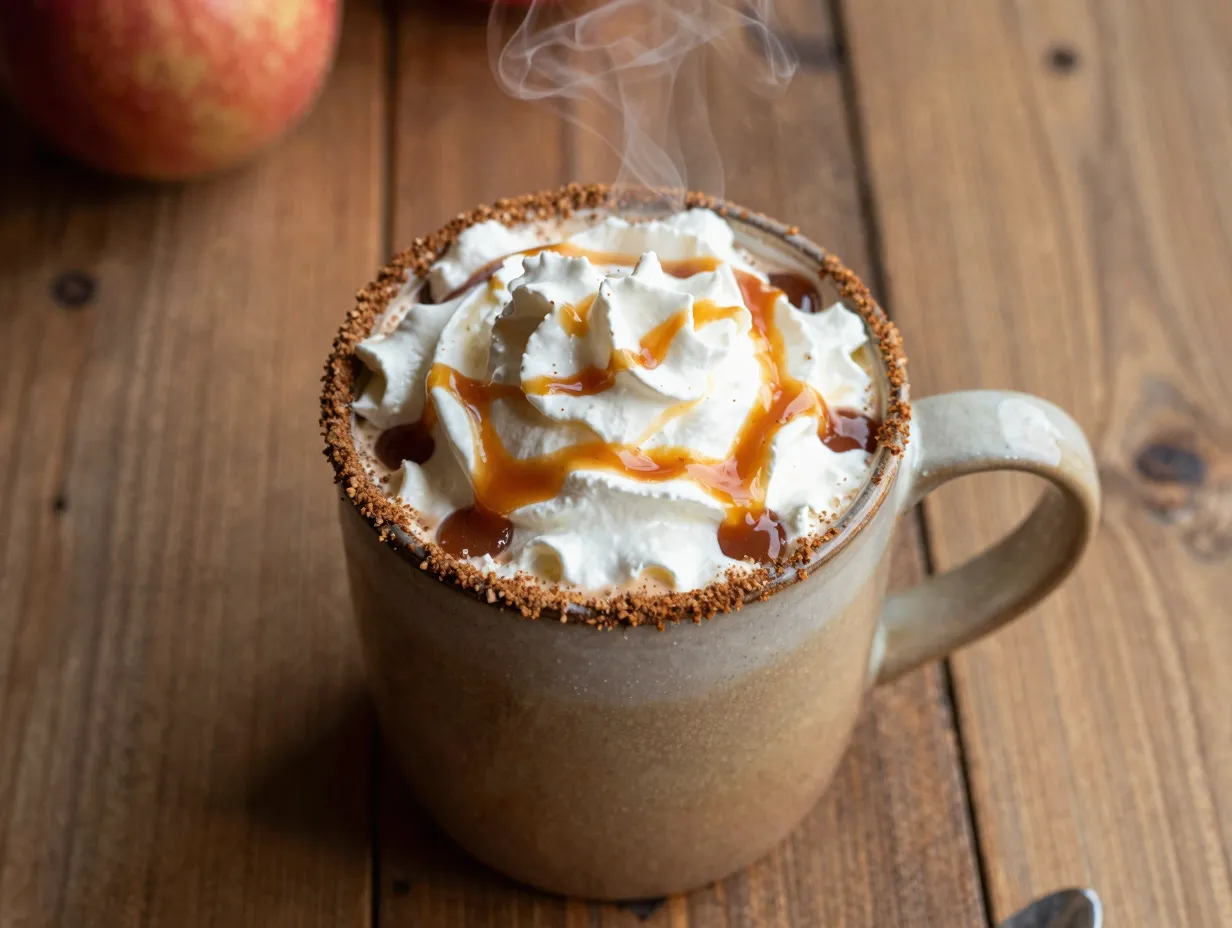 Classic spiced caramel apple cider mug with whipped cream topping
