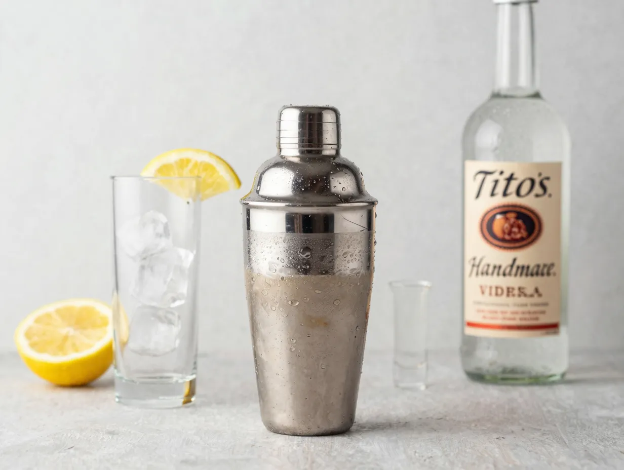 Titos vodka spiced caramel cider cocktail shaker with ice