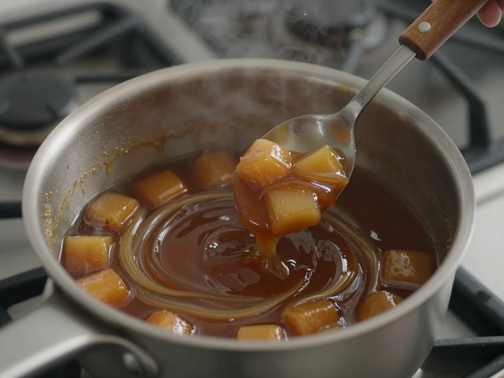 Quick bourbon caramel apple cider with melted candy swirl