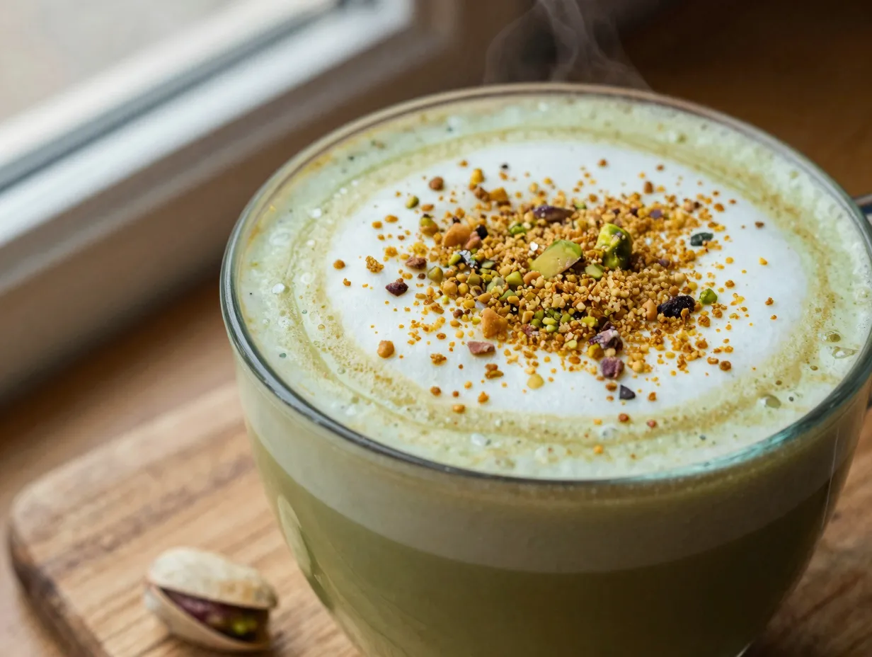 Pistachio latte salted brown butter topping