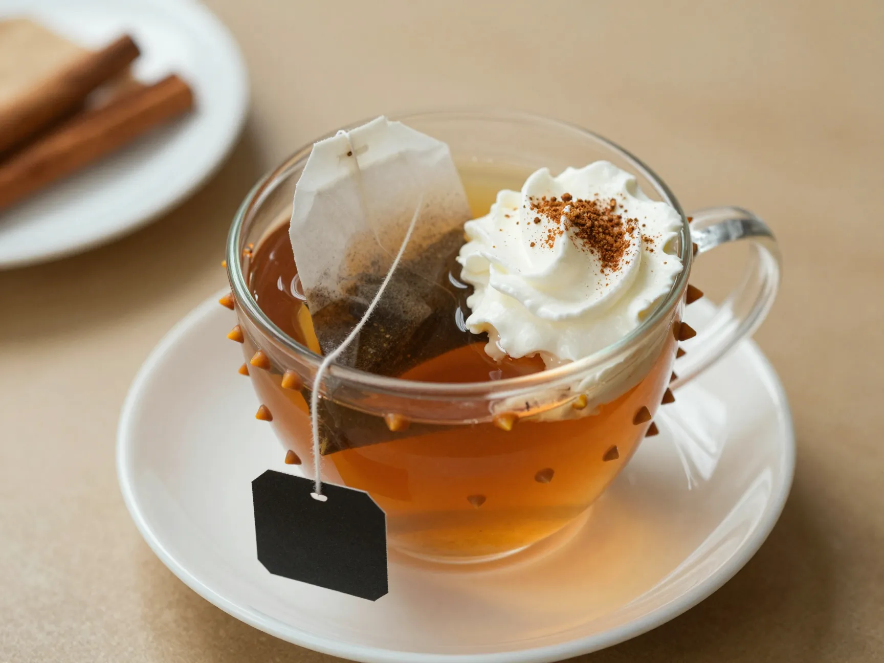 Spiked caramel apple cider tea mug with black tea bag