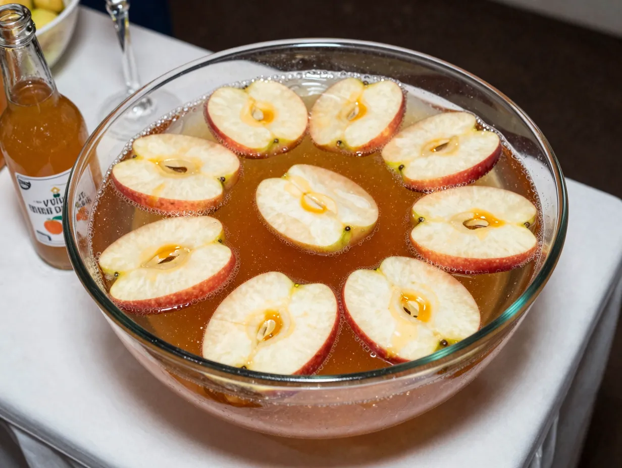 Sparkling caramel apple punch bowl with floating apple slices
