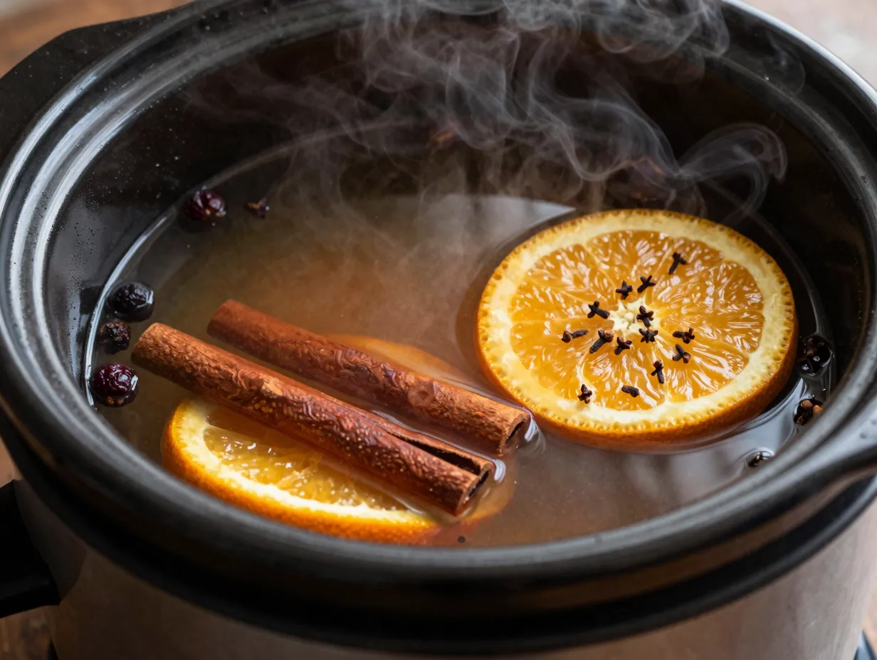 Slow cooker mulled cider with clove studded orange and spices