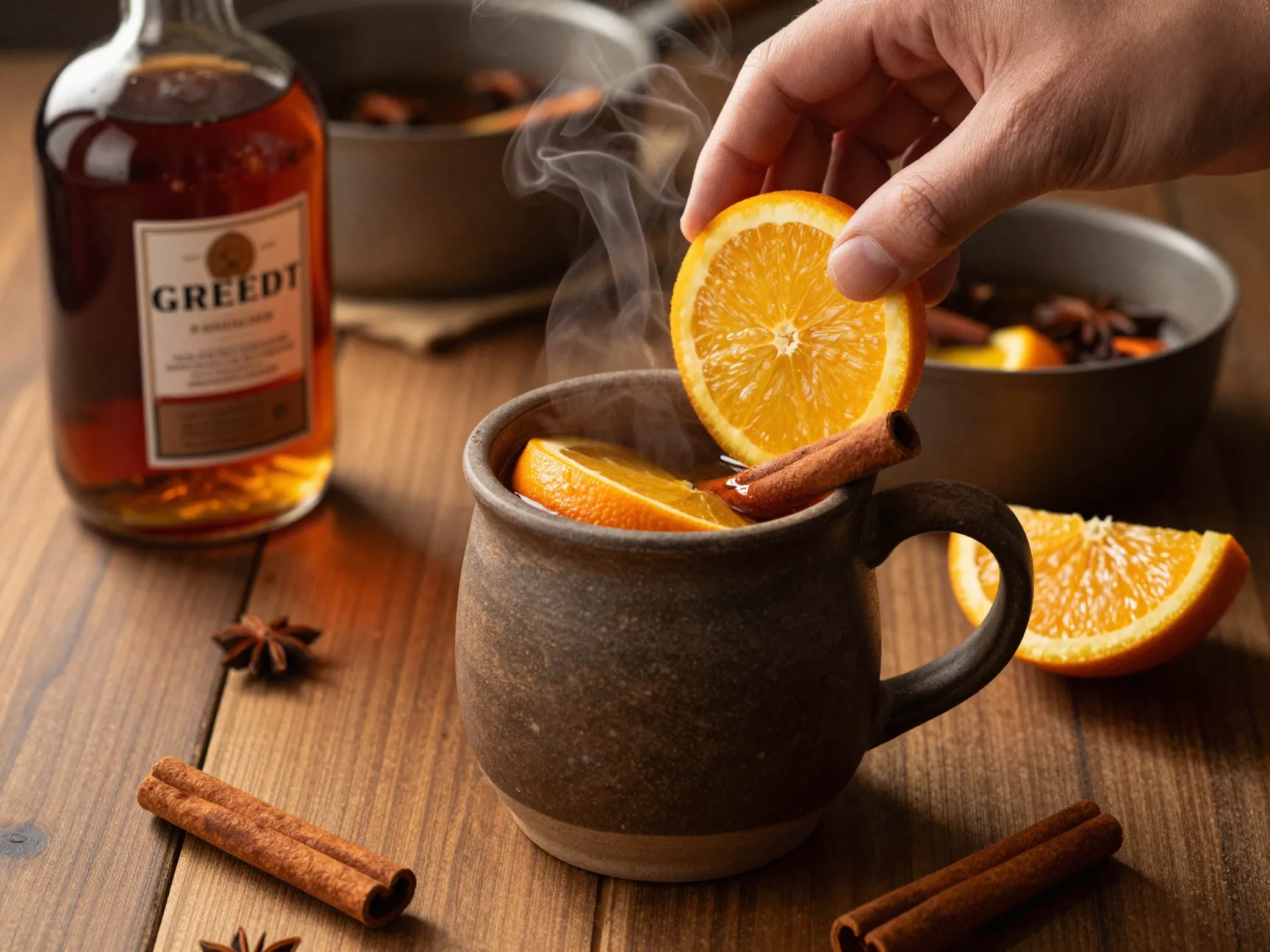 Spiked apple cider with dark rum citrus garnished cinnamon orange