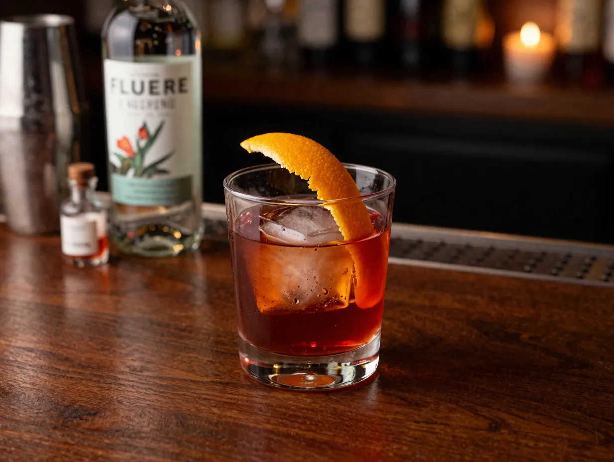 Fluere negroni stirred orange peel rocks glass