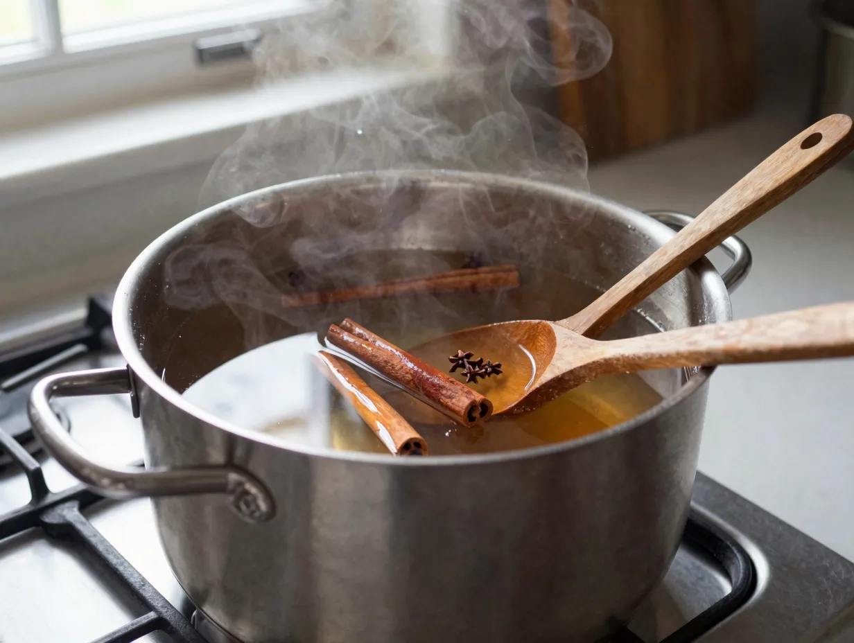 Three ingredient mulled cider simmering cinnamon sticks whole cloves